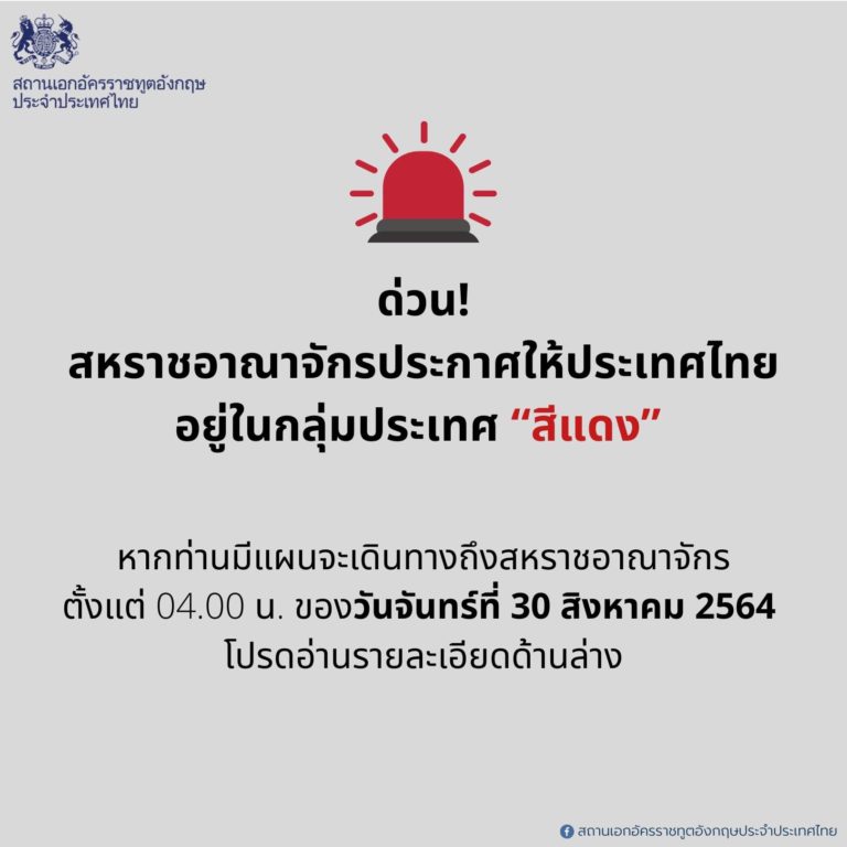 สถานทูตอังกฤษ แจ้งด่วน!ไทยถูกจัดอยู่กลุ่มประเทศสีแดง พร้อมแจงมาตรการขอเข้าประเทศอย่างเคร่งครัด